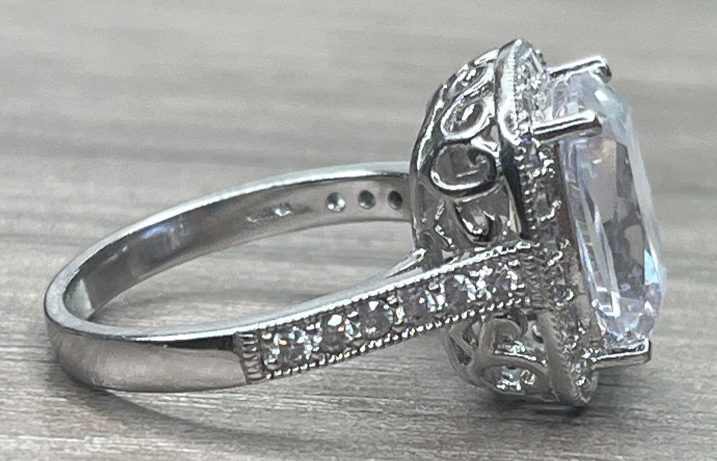 Signed PAJ Sterling 925 Clear CZ Cushion Cut Ring Halo With Side Stones SZ 8 6g