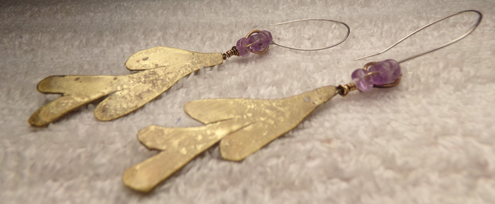 VTG 1960’S BRUTALIST STERLING SILVER GOLD BRASS AMETHYST MODERN PIERCE EARRINGS