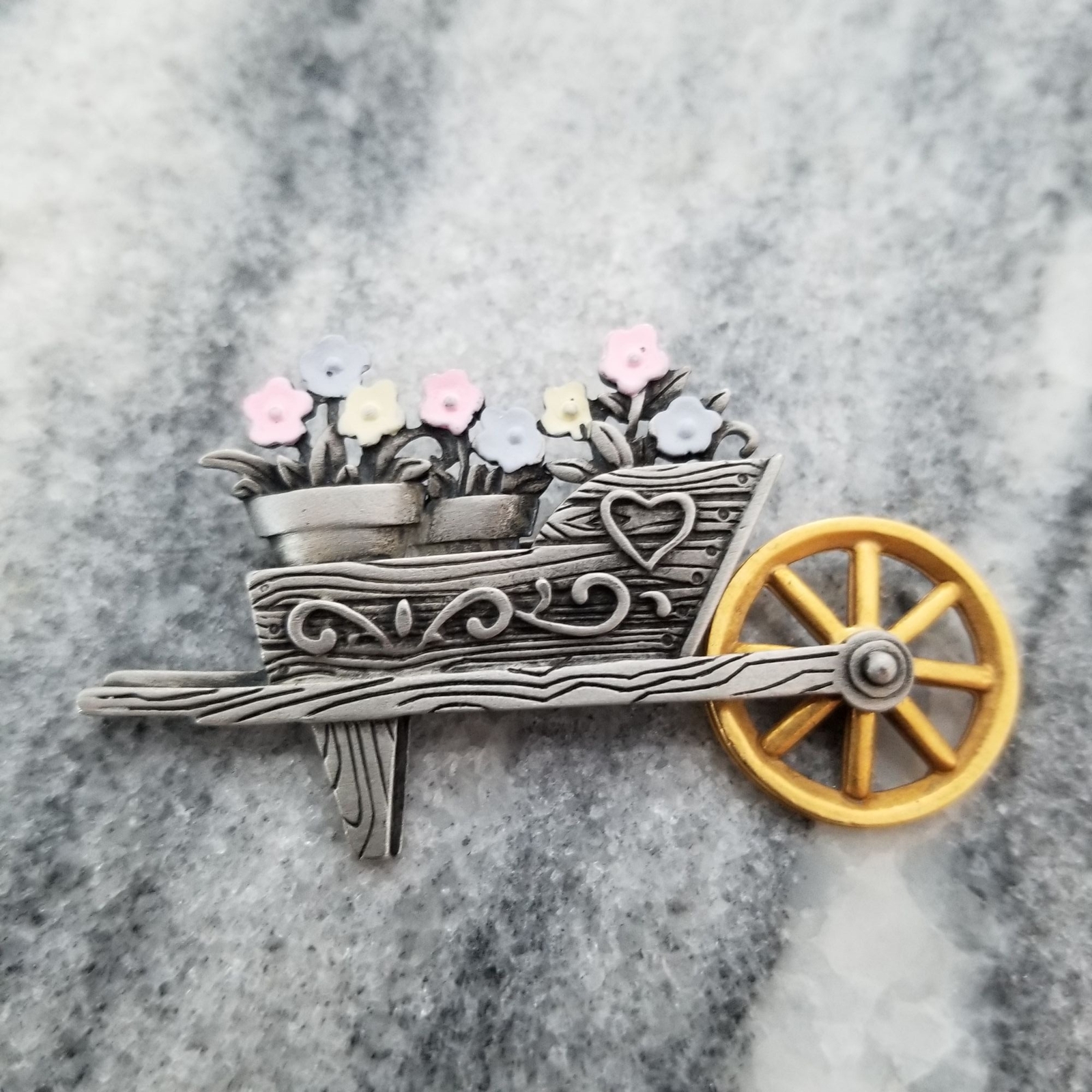 Vintage JJ Wheelbarrow full of Flowers and Moving Wheel, Silver Tone, Estate