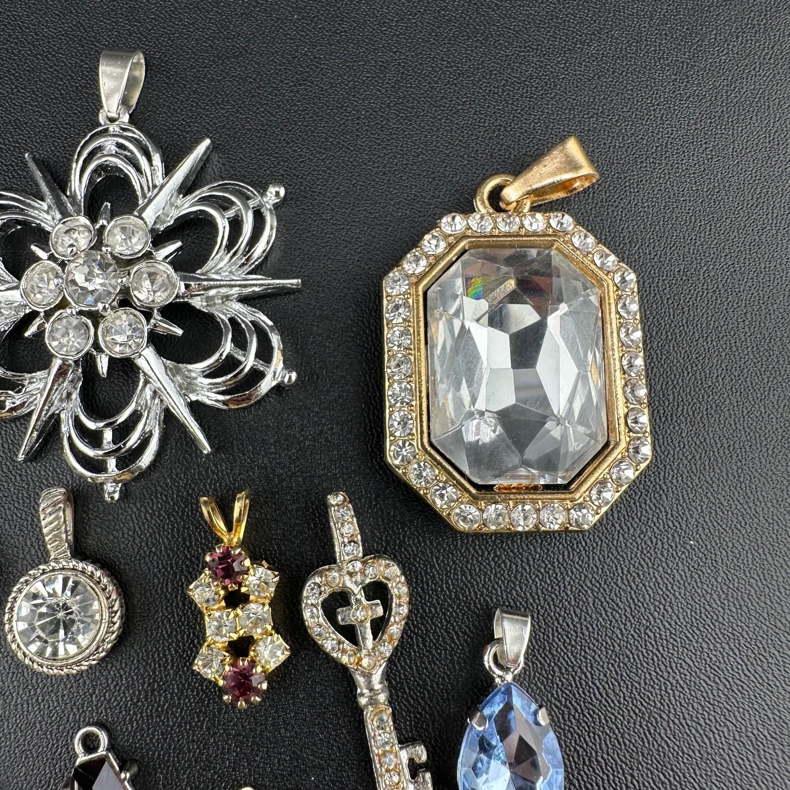 Vintage to Now Crystal Rhinestone Pendant Charm Lot of 28 Silver Gold Tone Mix