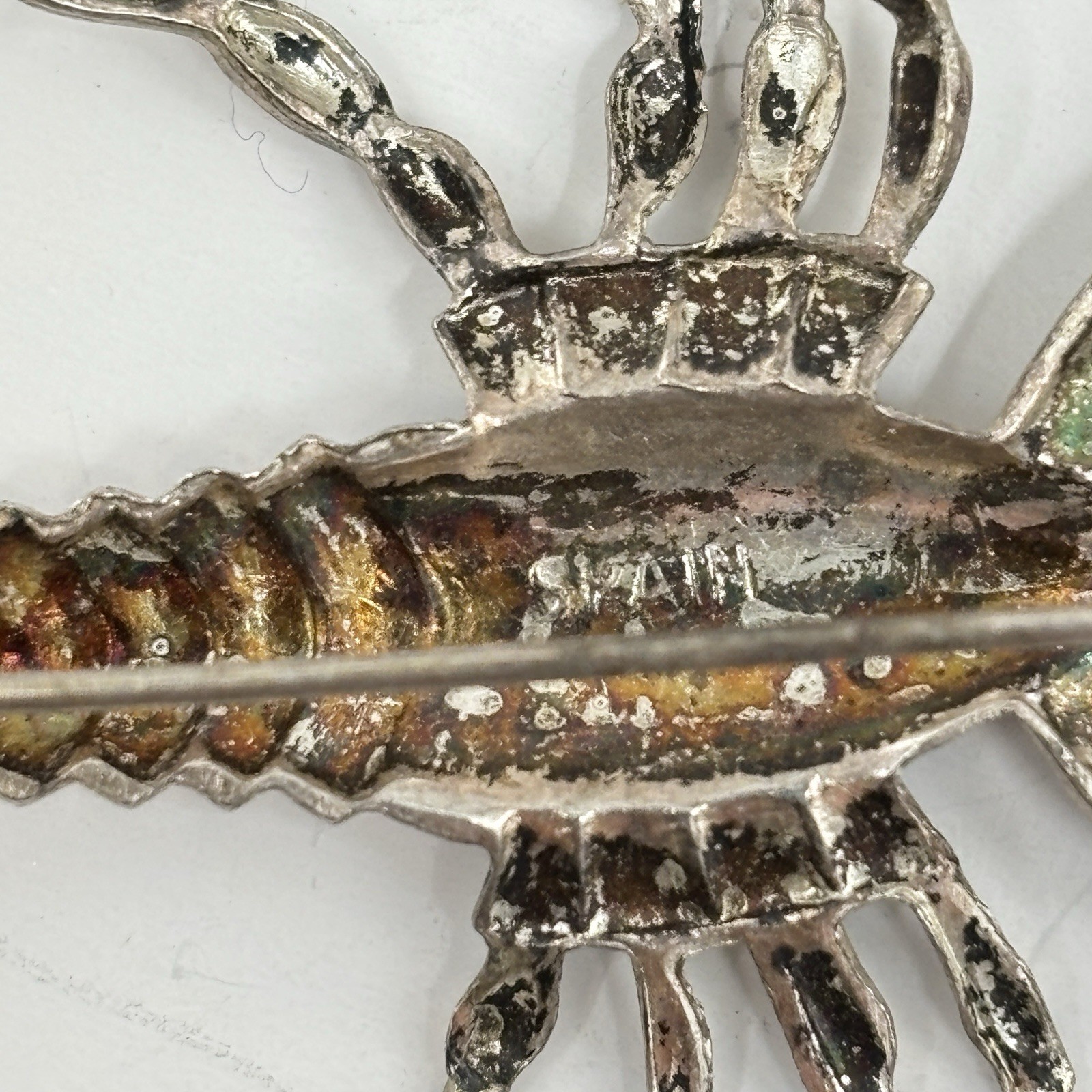 Vintage Spain Lobster Brooch Red Enamel Silver Tone Figural Crayfish Pin