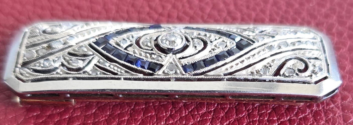 Antique Old European Cut Diamond & Blue Sapphire Platinum & 14K Gold Pin/Brooch
