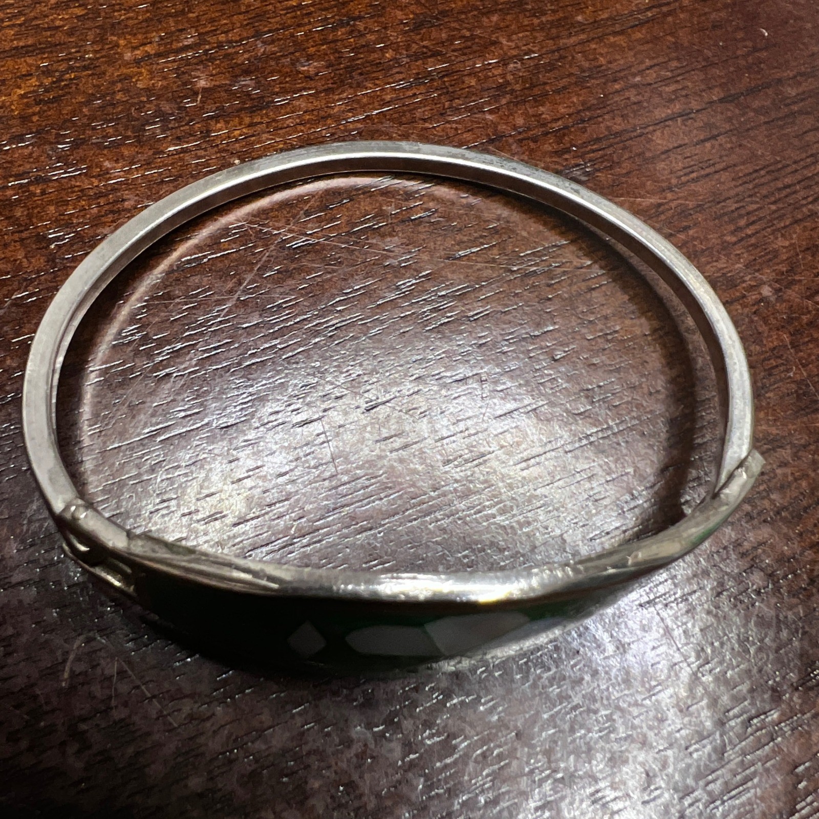 Vintage Alpaca Mexico Abalone Bangle Bracelet Silver Tone 7.5″ Green Enamel