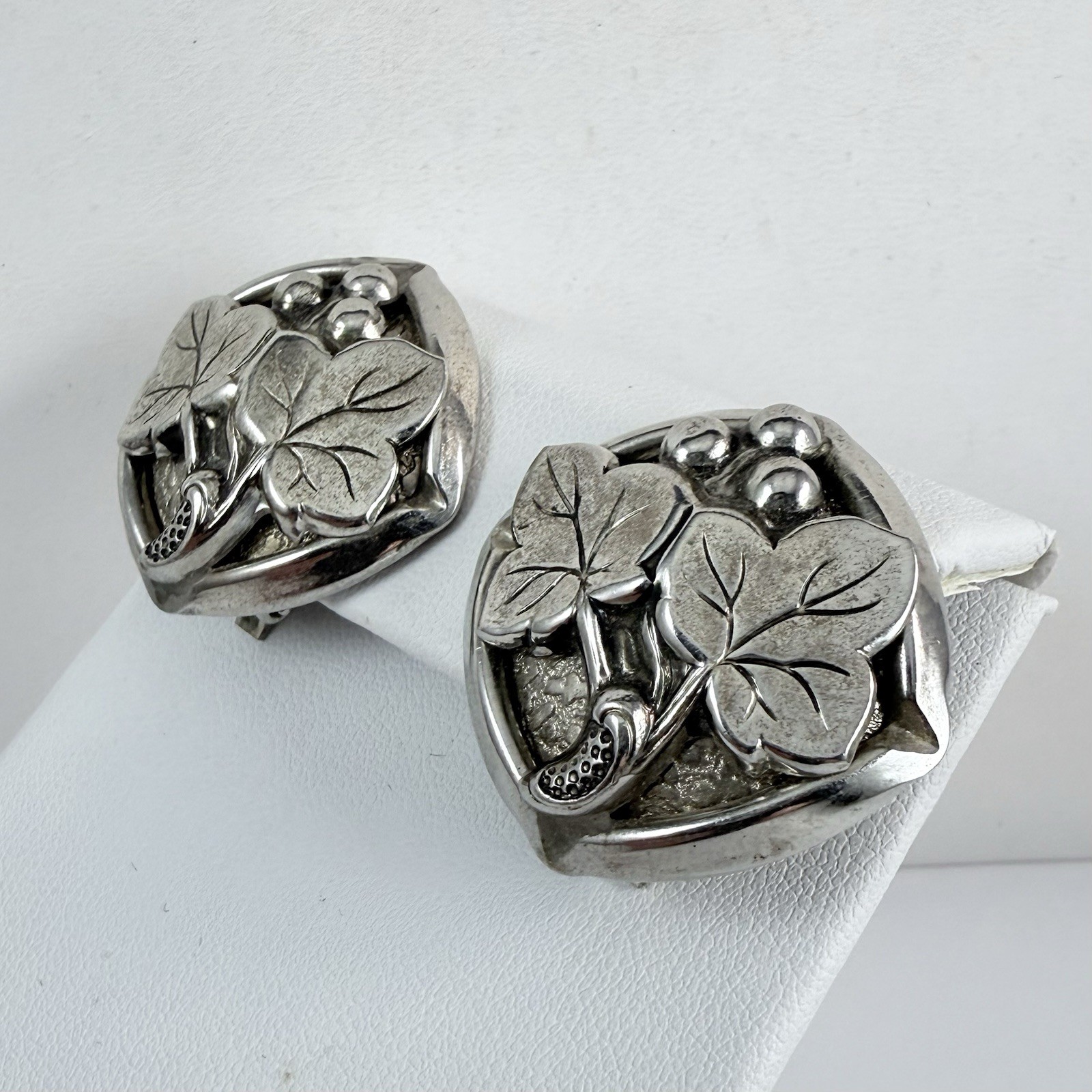 Vintage Grapes with Leaves Silver Tone Clip on Earrings