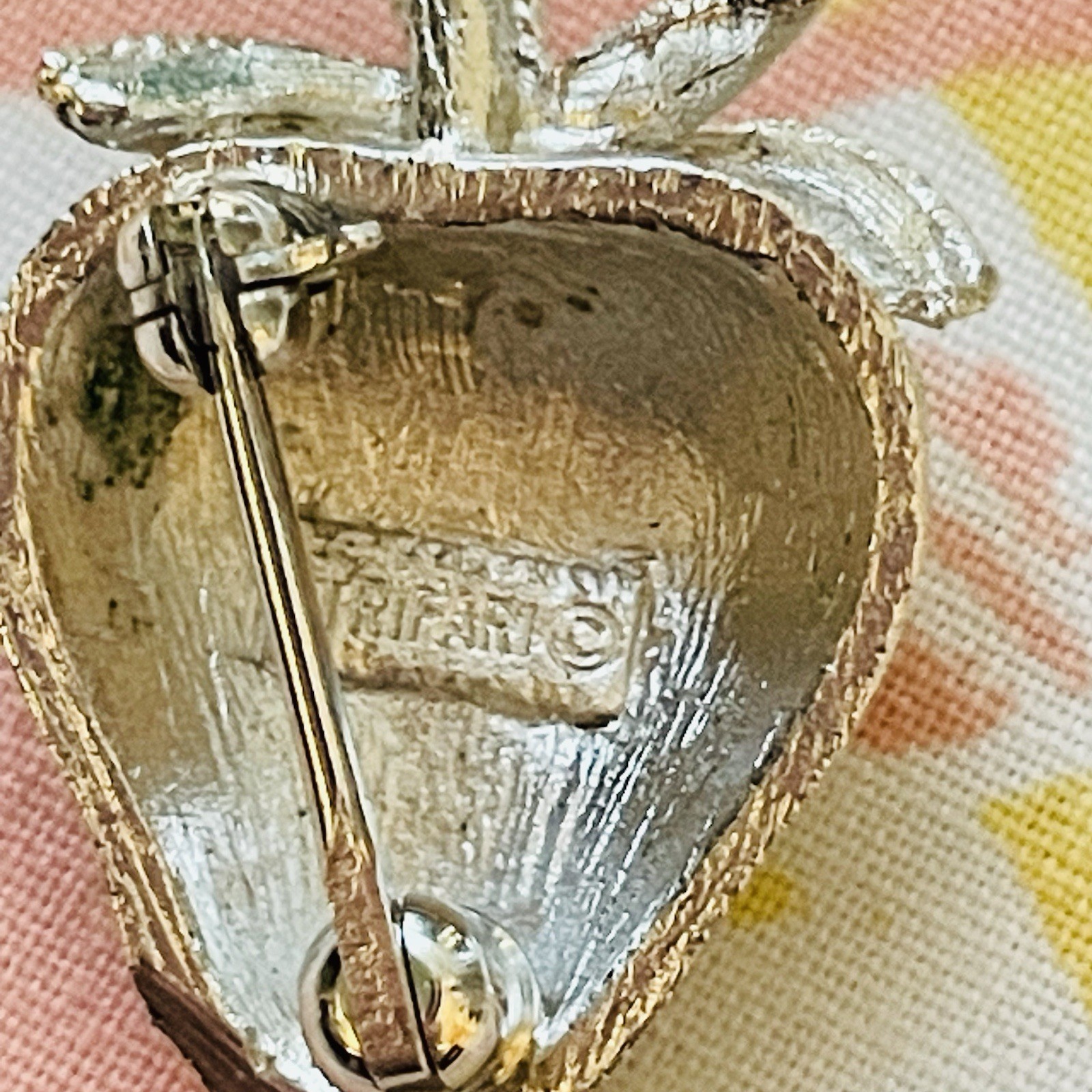 Vintage Trifari Strawberry Fruit Brooch Brushed Silver Tone Signed Pin