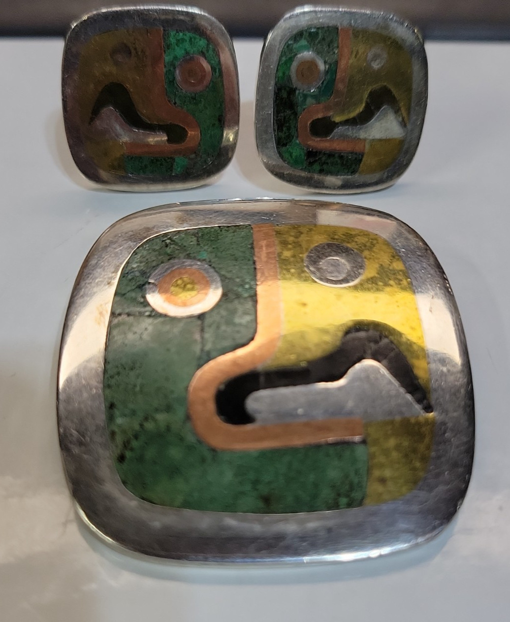 1953 LOS CASTILLO STERLING SILVER MALACHITE EARRINGS & BROOCH/PENDANT SET