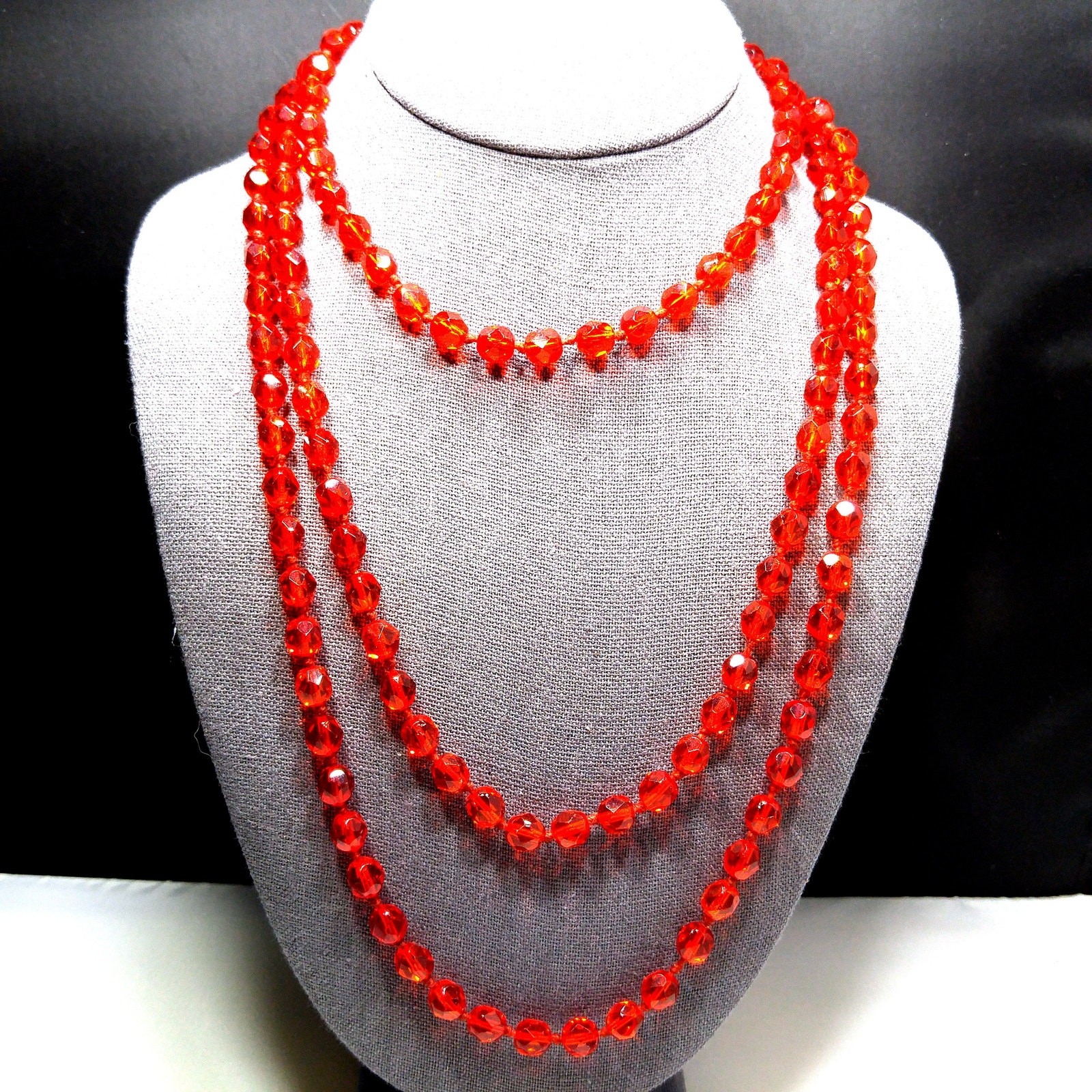 Vintage Red Crystal Hand Knotted Long Necklace, 62 Inches, No Clasp, Vintage