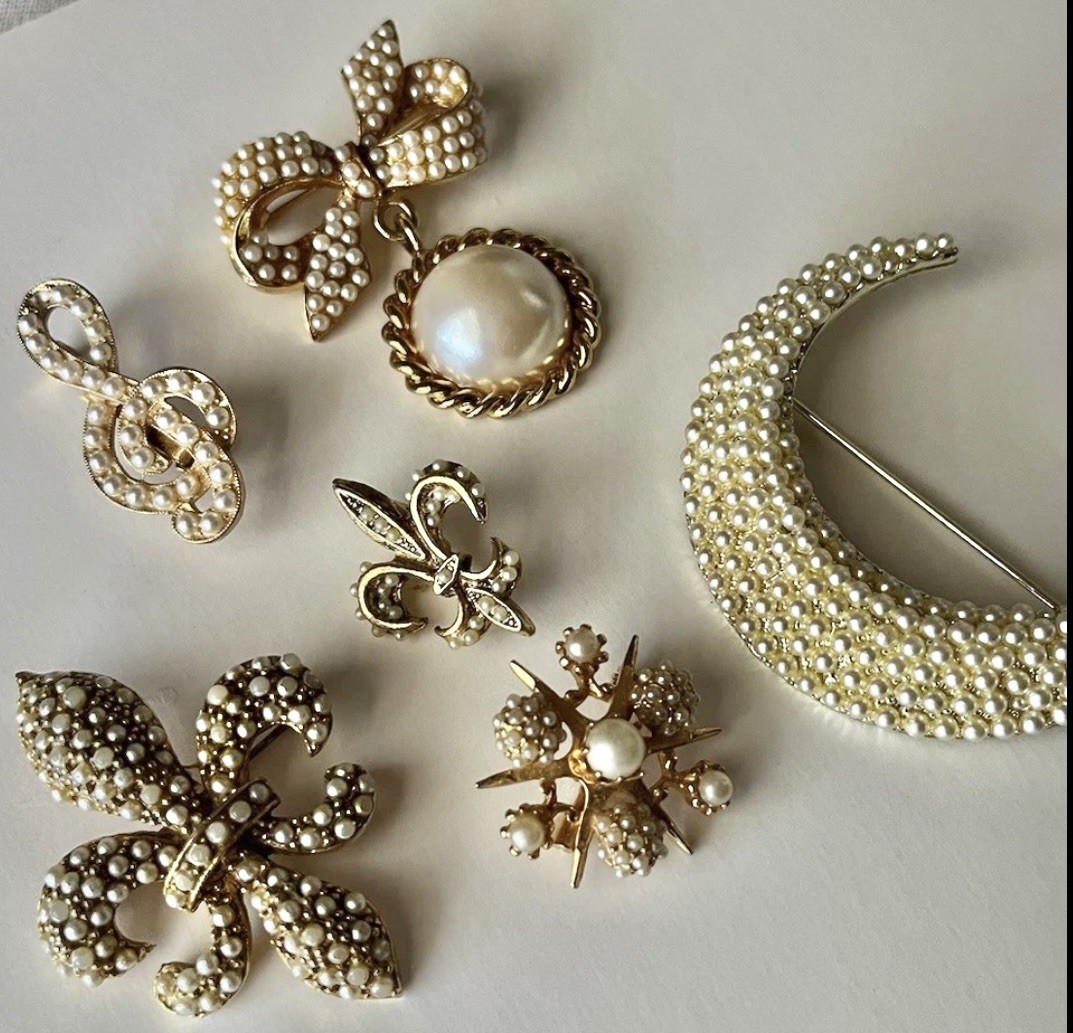 Vintage Seed Pearl Brooch Lot BSK ART TACOA moon fleur de lis Victorian Revival