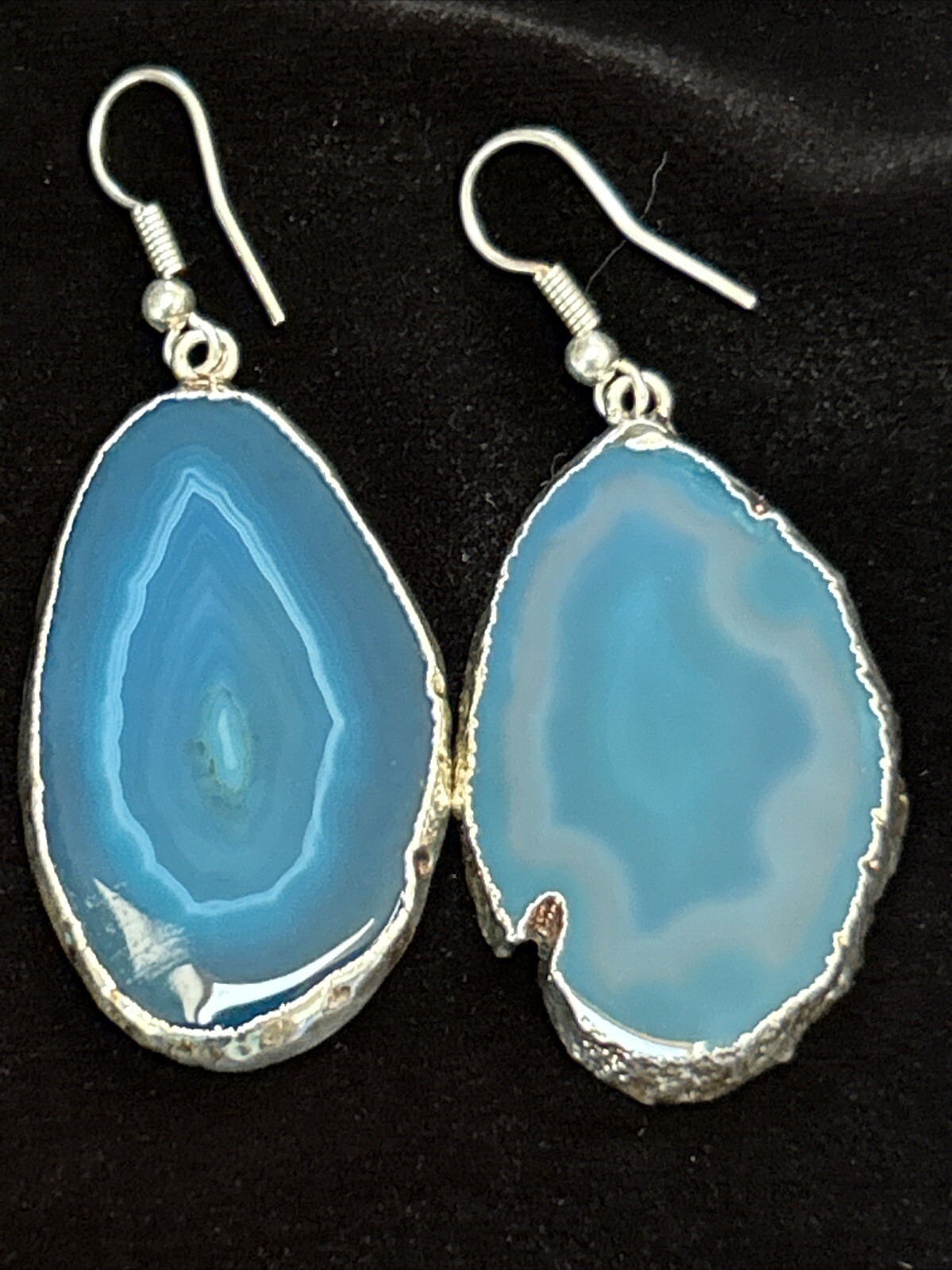 Vintage Silver Tone Blue Geode Slice Dangle Drop Pierced Earrings Large 2.25”