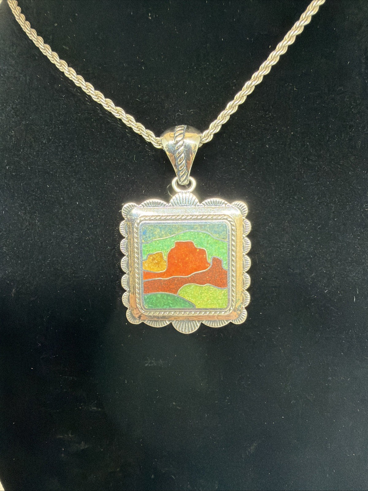Carolyn Pollack 925 Sterling Silver Desert Scene Colorful Multi-Stone Chip Inlay