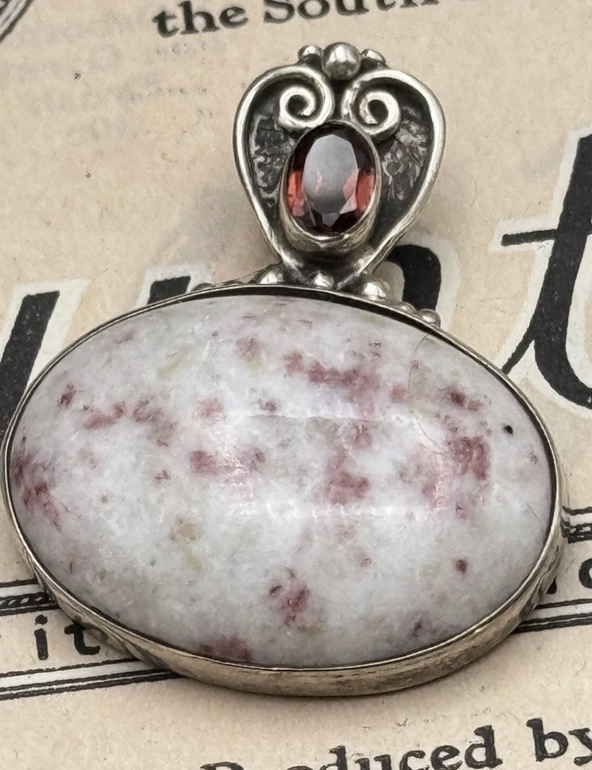 Vintage Pendant Sterling 925 Pink Flecked Stone Red Rhinestone ESTATE FIND