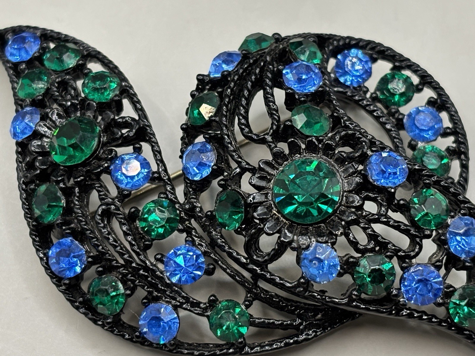 Teardrop & Paisley Blue & Green Rhinestones set in Black Earrings and Brooch