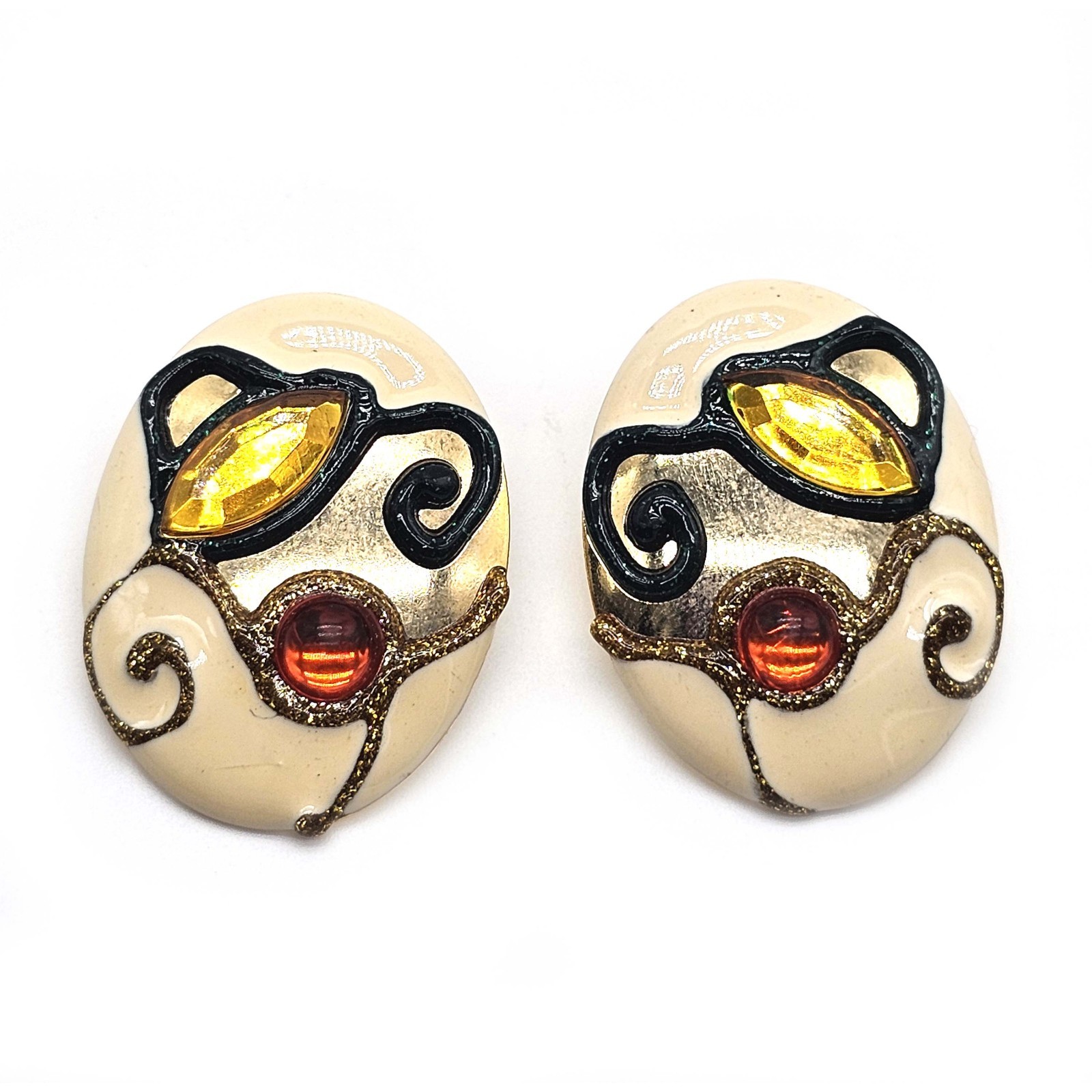 Vintage Statement Earrings – Abstract Enamel Swirl Design with Amber & Red Glass