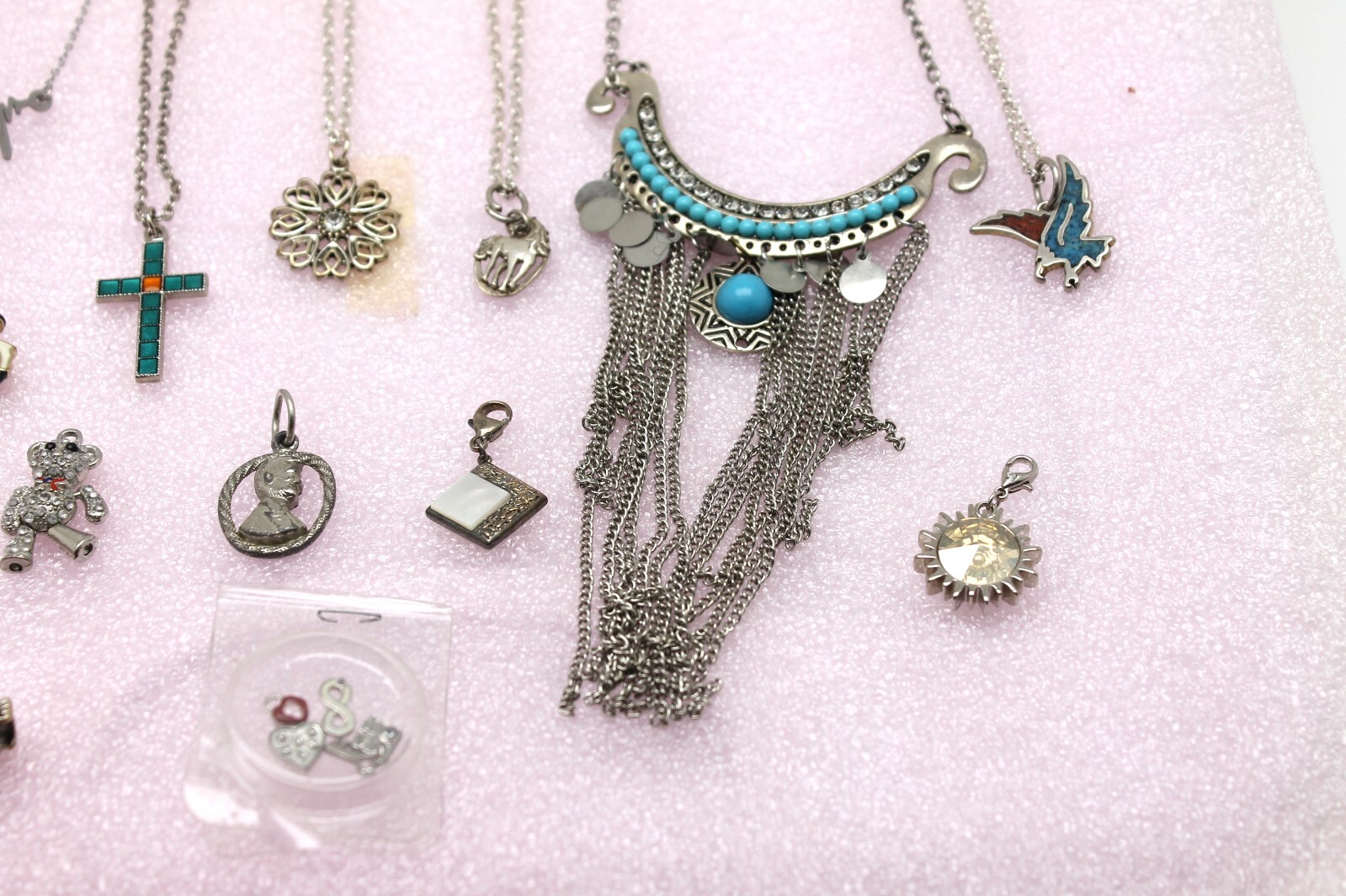 Lot Of 14 Different Size Necklaces Chains Silver Tone Pendants Earrings