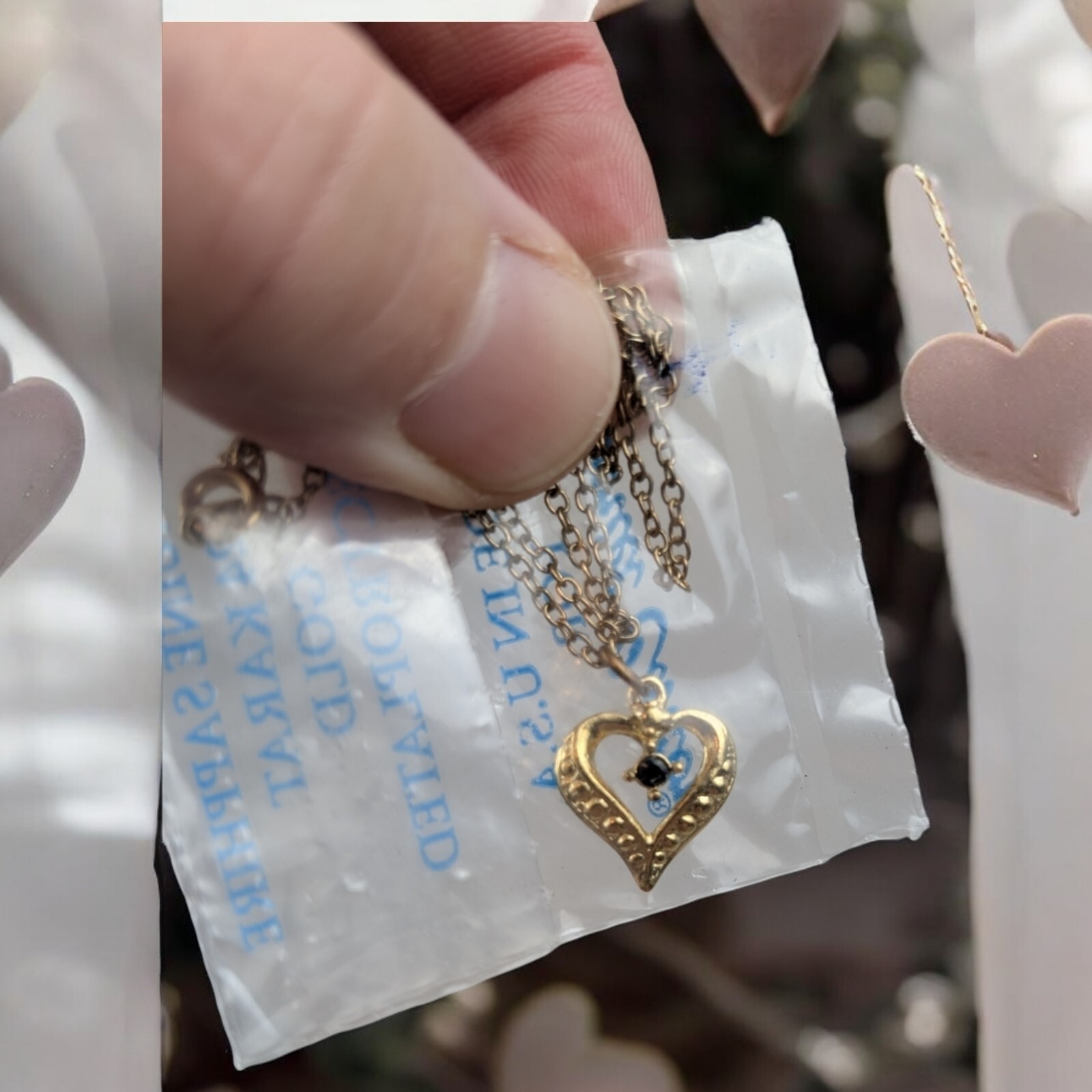 Vtg Harriet Carter Sapphire Ruby Heart Necklace 24K Gold Electroplated Jewelry