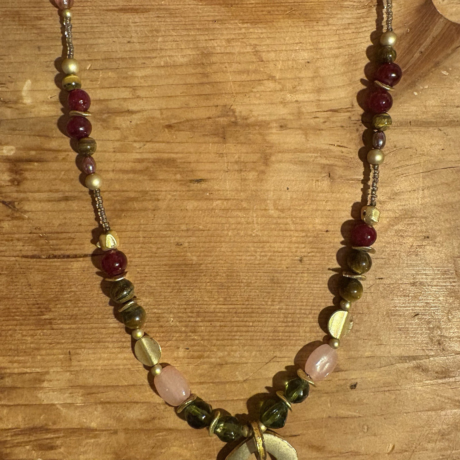 Boho Vintage Beaded Necklace Rose Quartz Tiger Eye Glass Brass Pendant Handmade