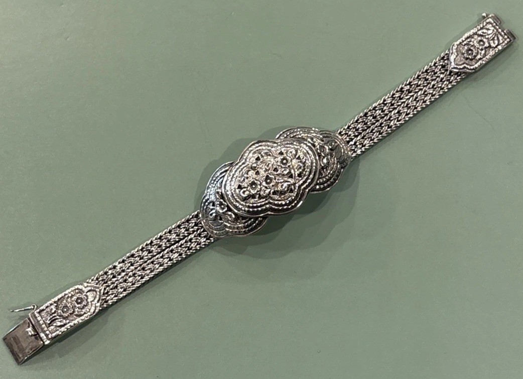 Sterling Silver Floral Double Wheat Braided Thailand Bracelet 42g Vintage 925