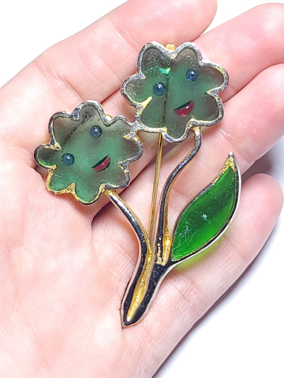 Enamel Flower Face Brooch by Joy Vintage Plique A Jour Green Stained Glass Resin