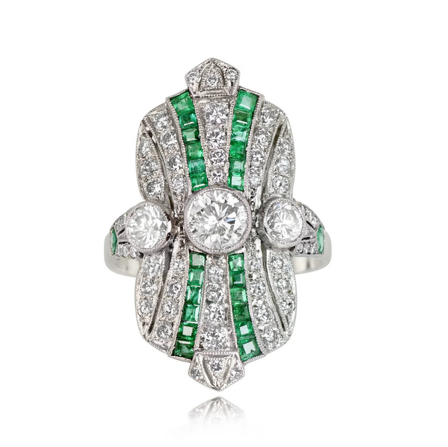 Art Deco Style Old European Cut Lab-Created Diamond And Emerald Ring 925 Silver