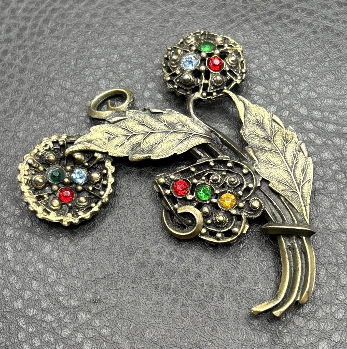 Huge Vintage Pot Metal Flower Leaf Brooch Fruit Salad Rhinestone Flower Bouquet