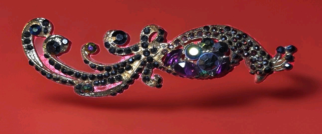 Vintage Colorful Peacock Purple Blue Aurora Borealis Faceted Rhinestone Brooch