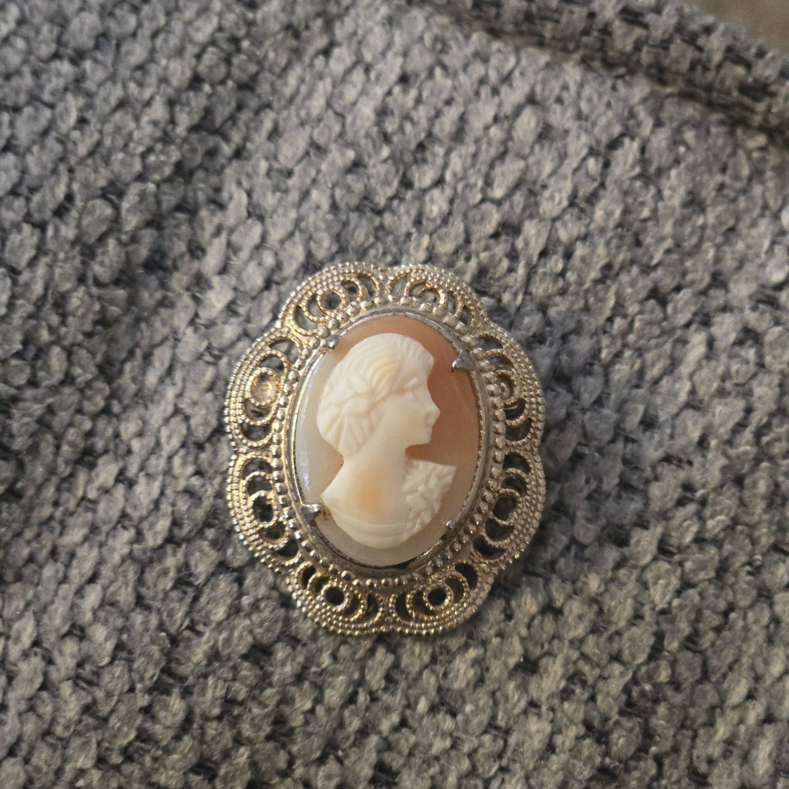 Vintage Cameo Brooch Carved Shell Portrait 1920s Orange White ornate filagree