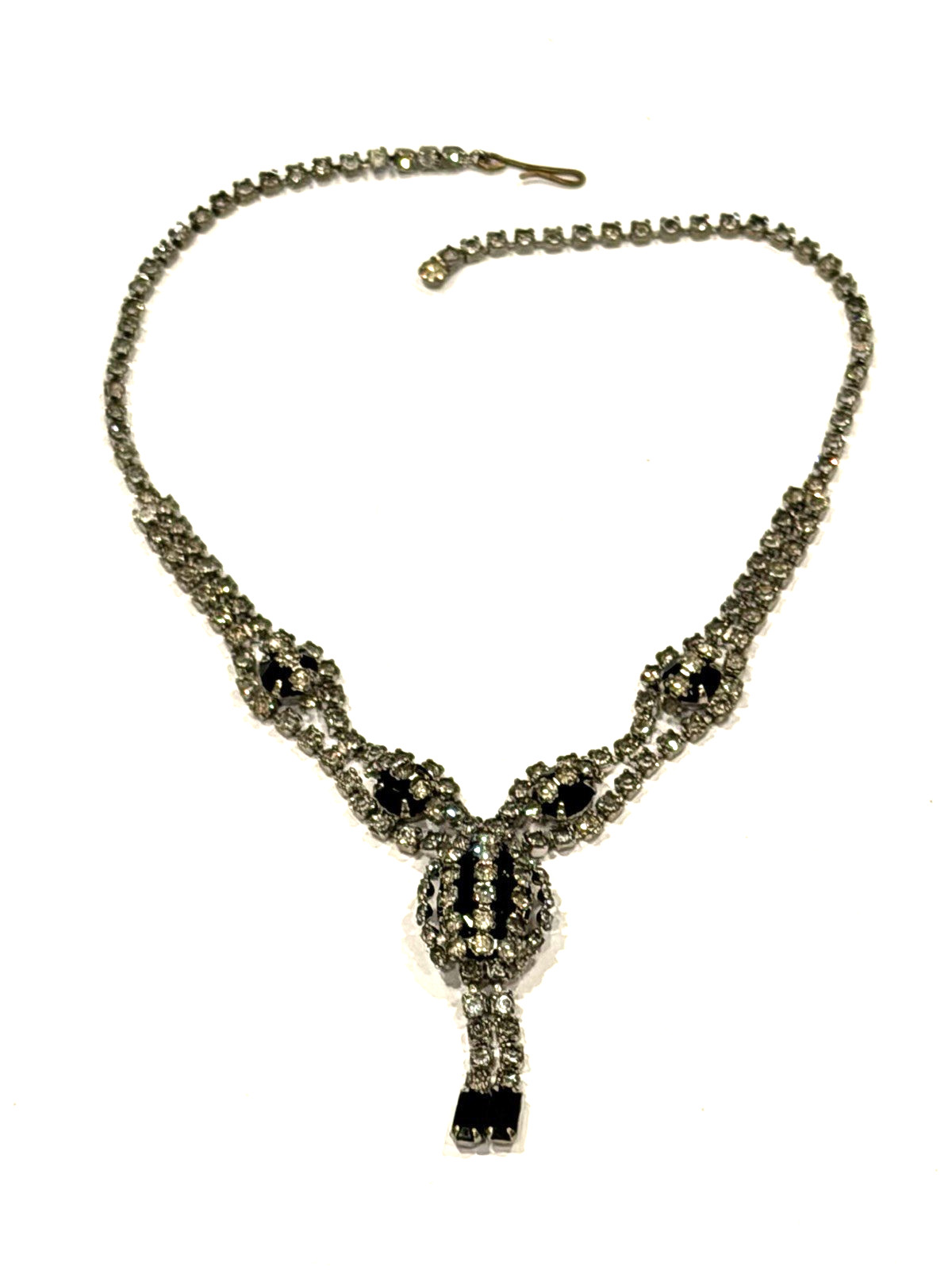 VINTAGE ART DECO CRYSTAL BLACK CLEAR RHINESTONE Y-DROP PENDANT 16″ NECKLACE EUC