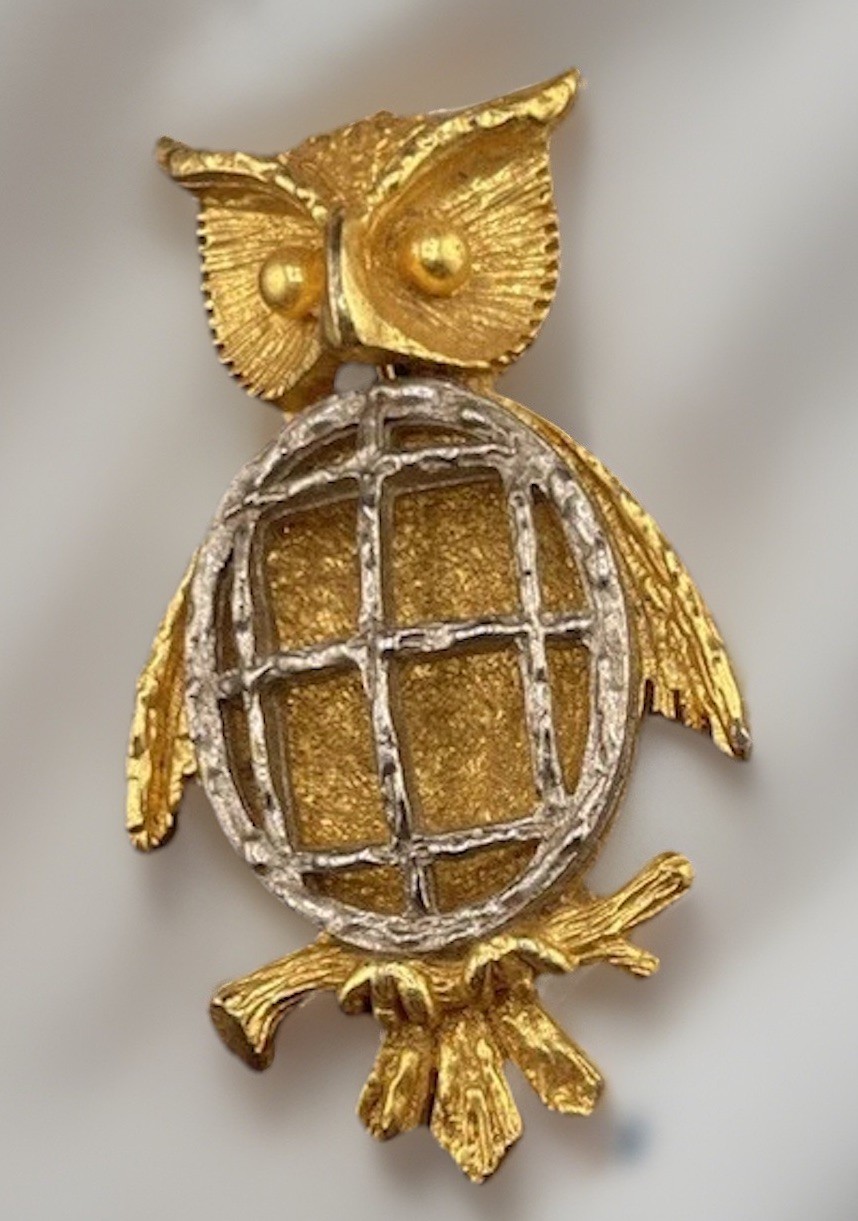 Vintage Whimsical Owl Fancy Brooch Collar Pin Openwork Bird Two Tone