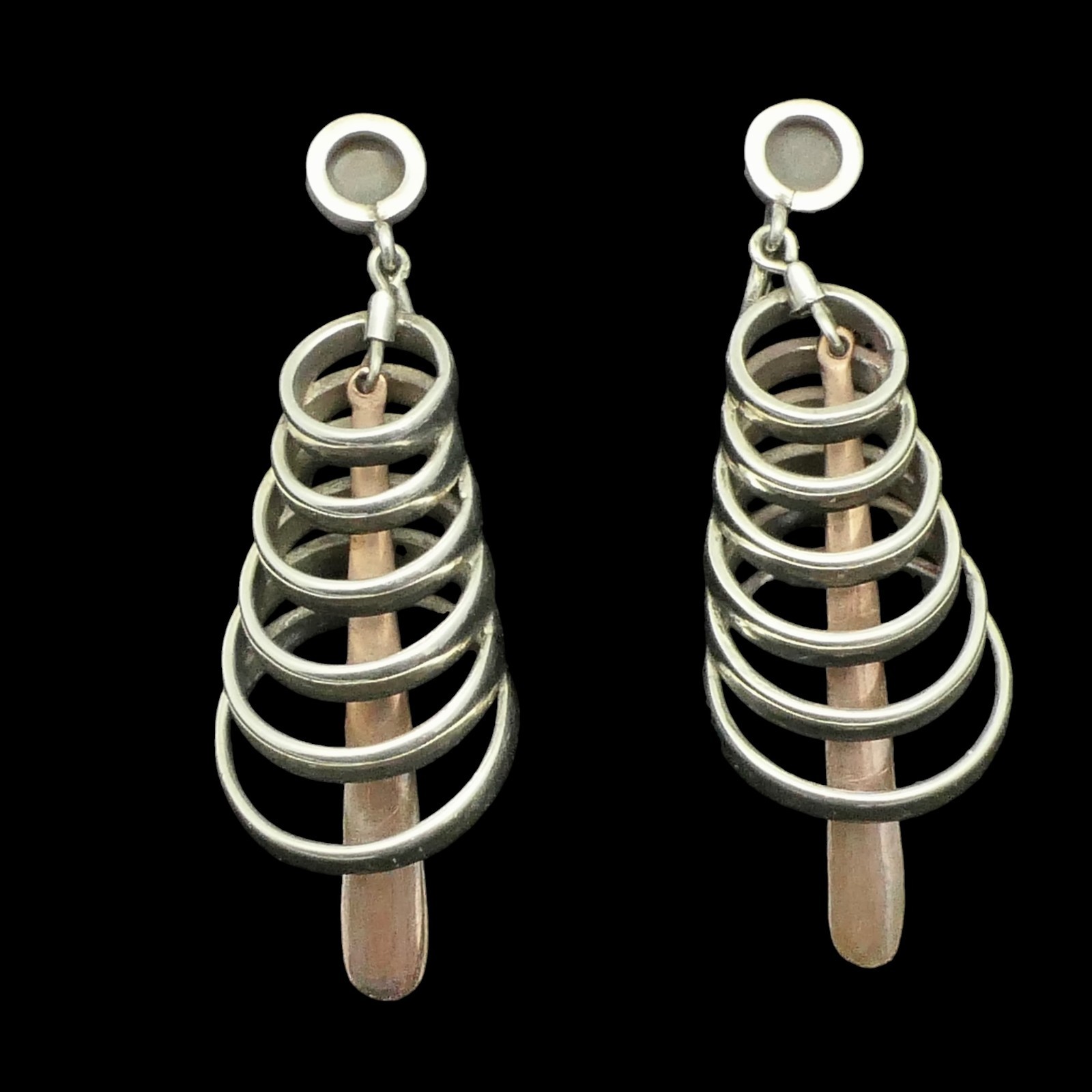 Los Castillo Sterling Copper Dangle Earrings #122 Taxco Mexico Modernist 2 1/4″