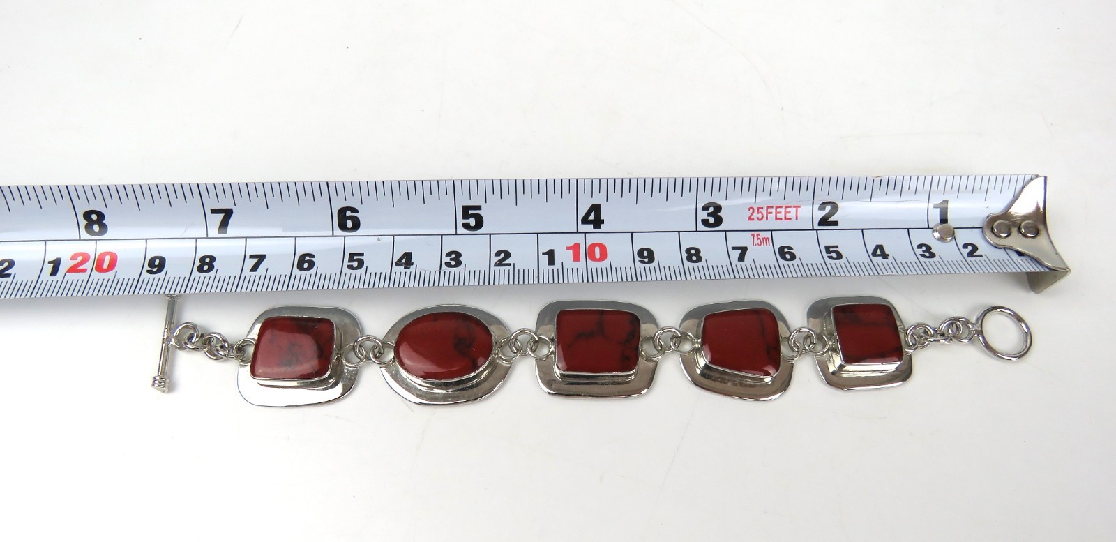 ATI MEXICO 925 Sterling Silver Jasper Stone Link Bracelet Toggle Closure