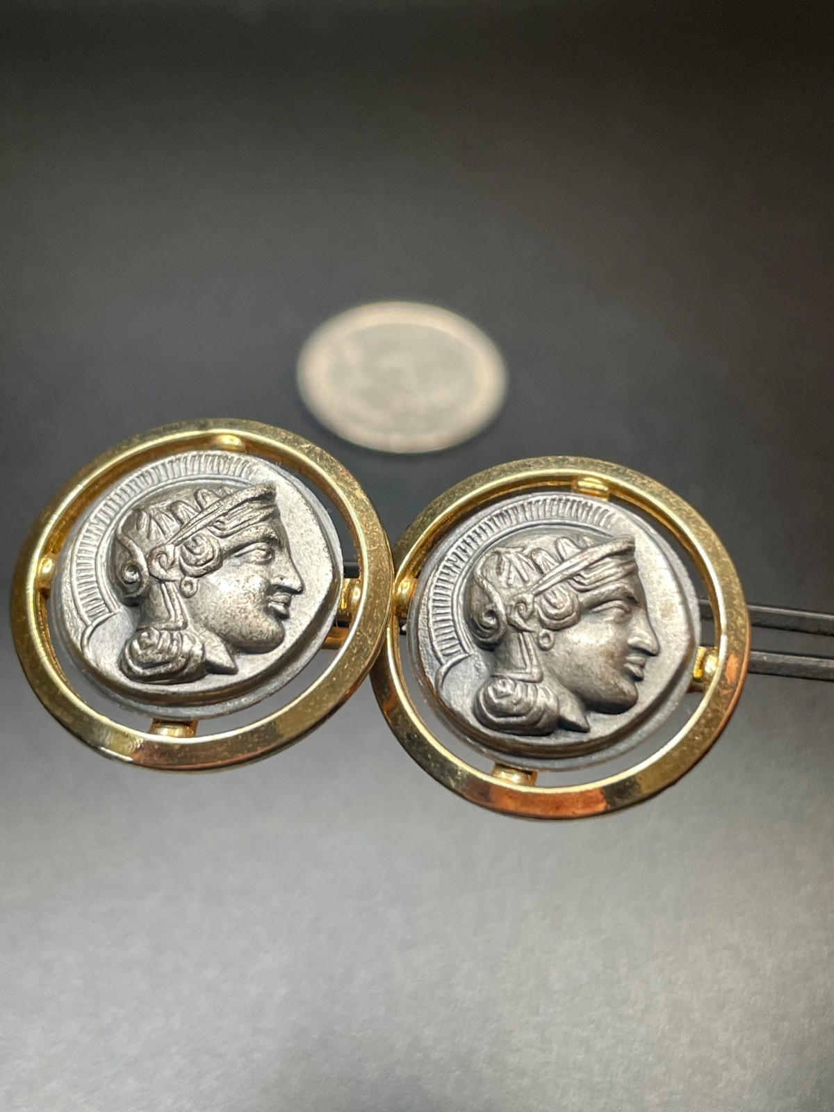 Vintage Classical Coin Profile Cufflinks Two Tone Gold Silver Greek Roman MCM