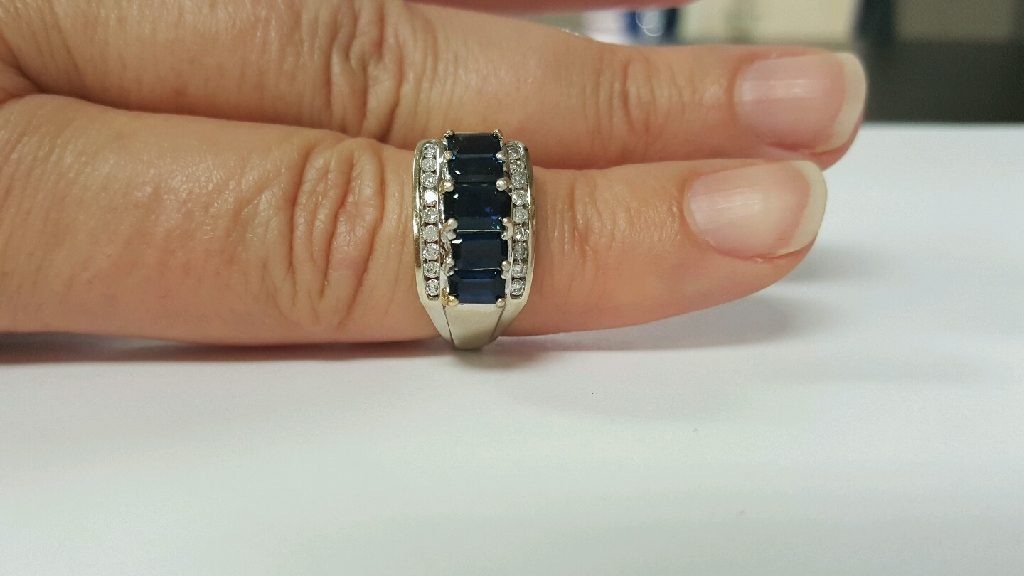 Estate 1.17ct Emerald Cut Blue Sapphire and Round Diamond 14k Whote Gold Ring