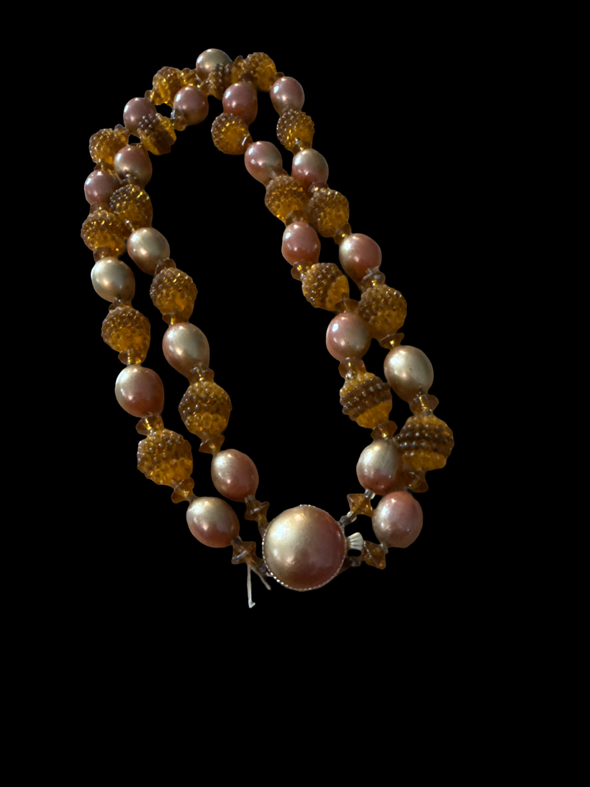 Vintage Made In Hong Kong Amber Gold Crystal Beaded Multi Strand Necklace Mod