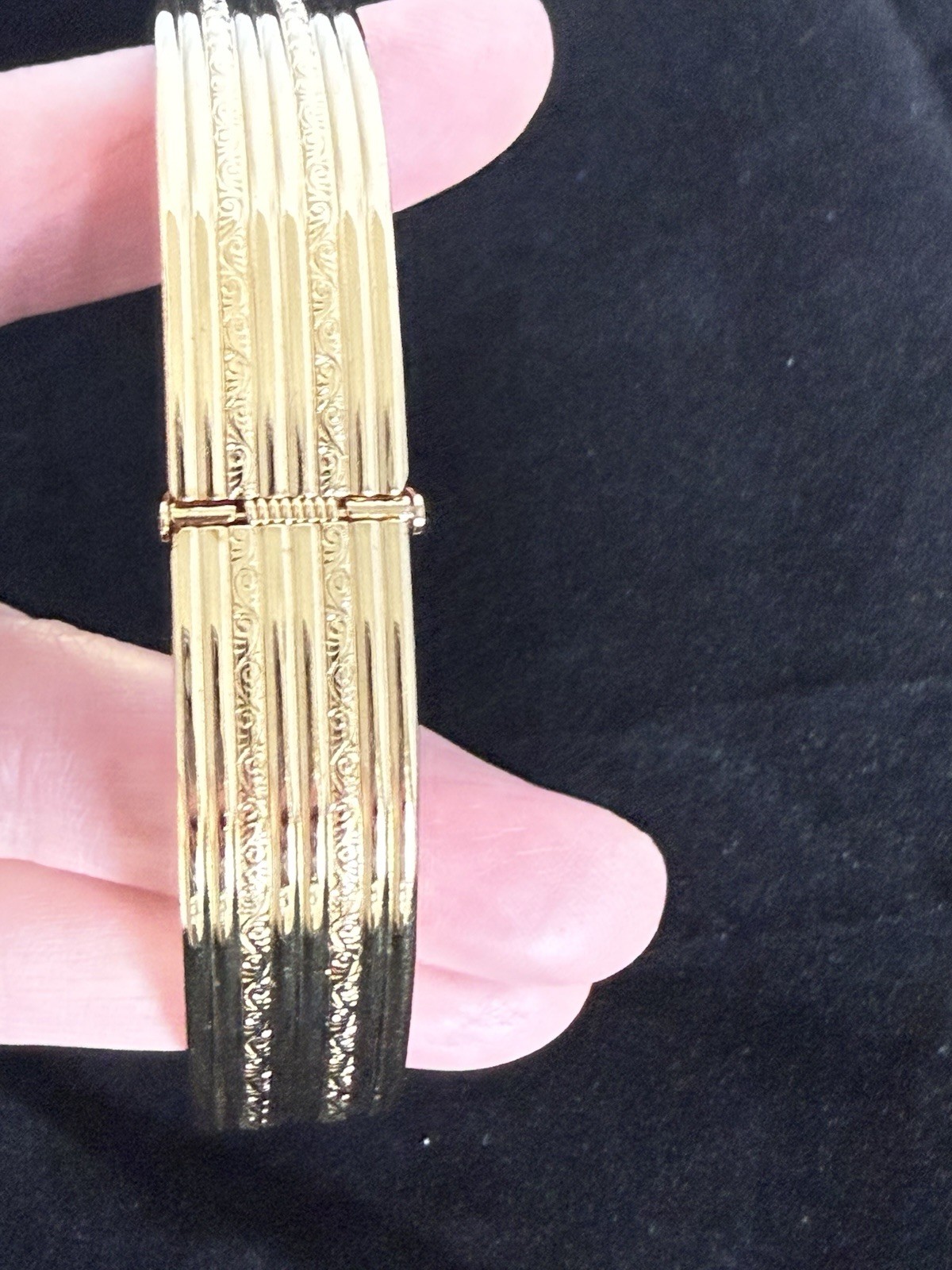 Vintage Monet M Gold Tone Bracelet Etch, And Ribbed With Hinge Opening