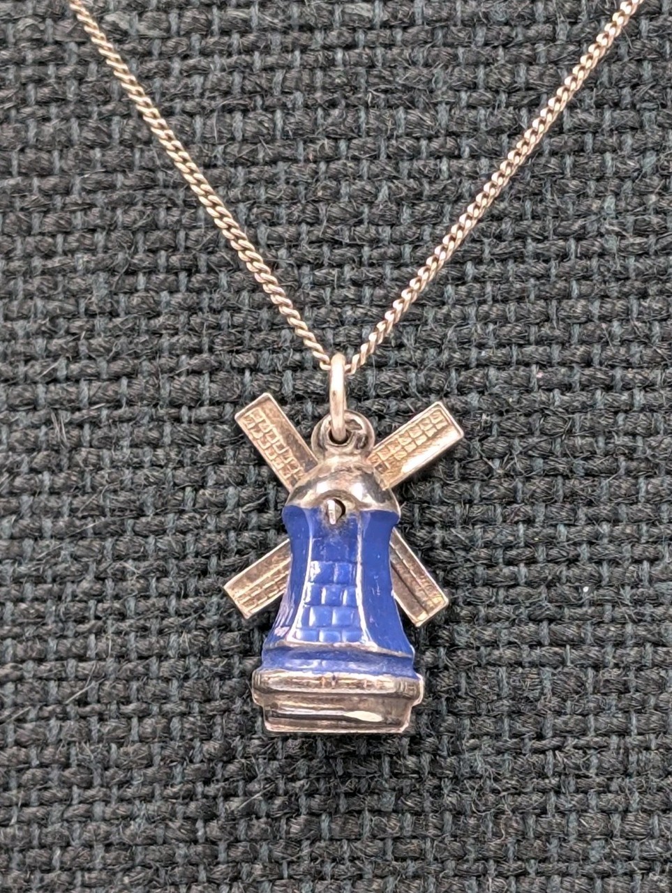 Antique 835 Silver Blue Enamel Articulated Windmill Pendant 16.75″ Curb Necklace