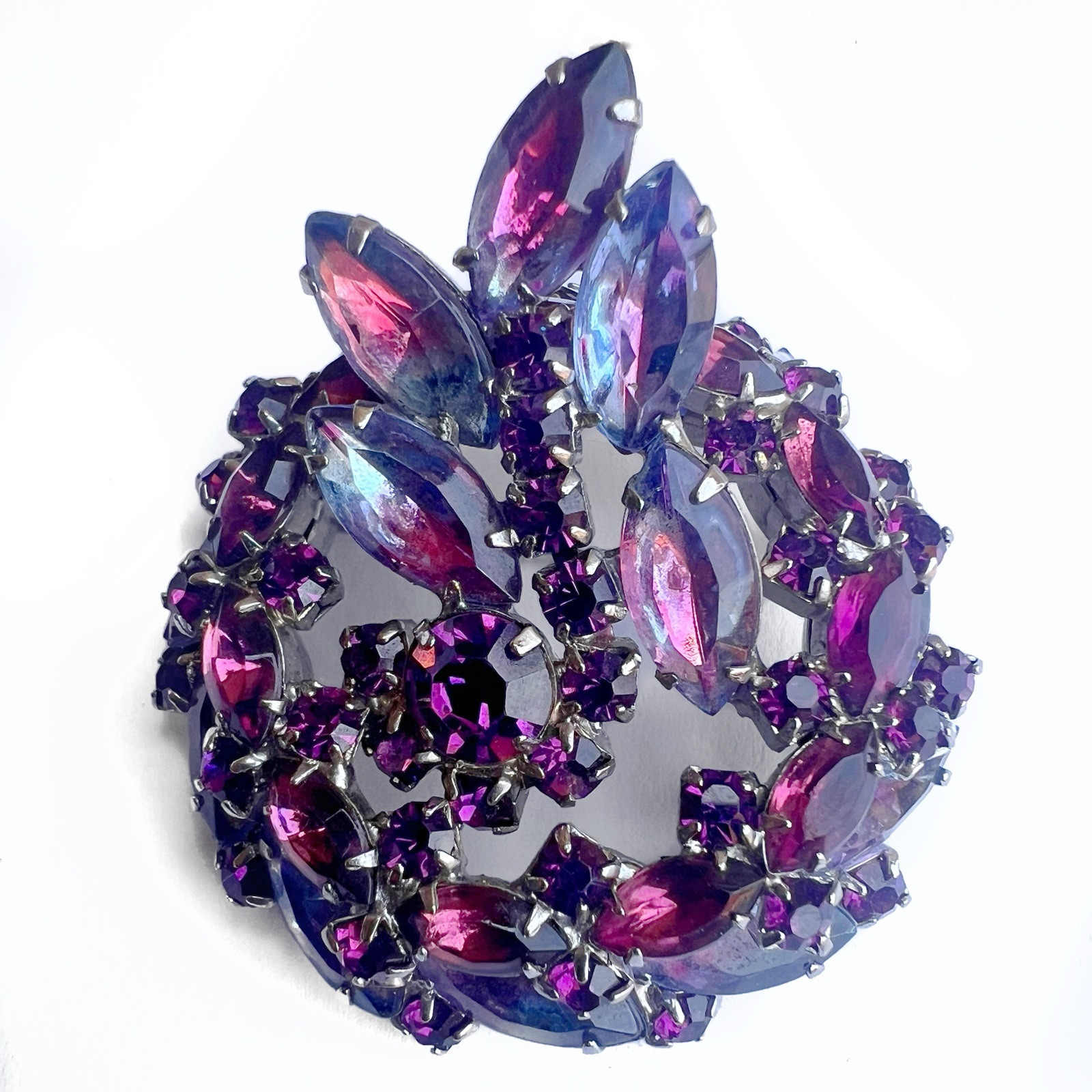 Vintage Dome Purple Violet Blue Givre Rhinestone Brooch Earrings Demi Parure Set
