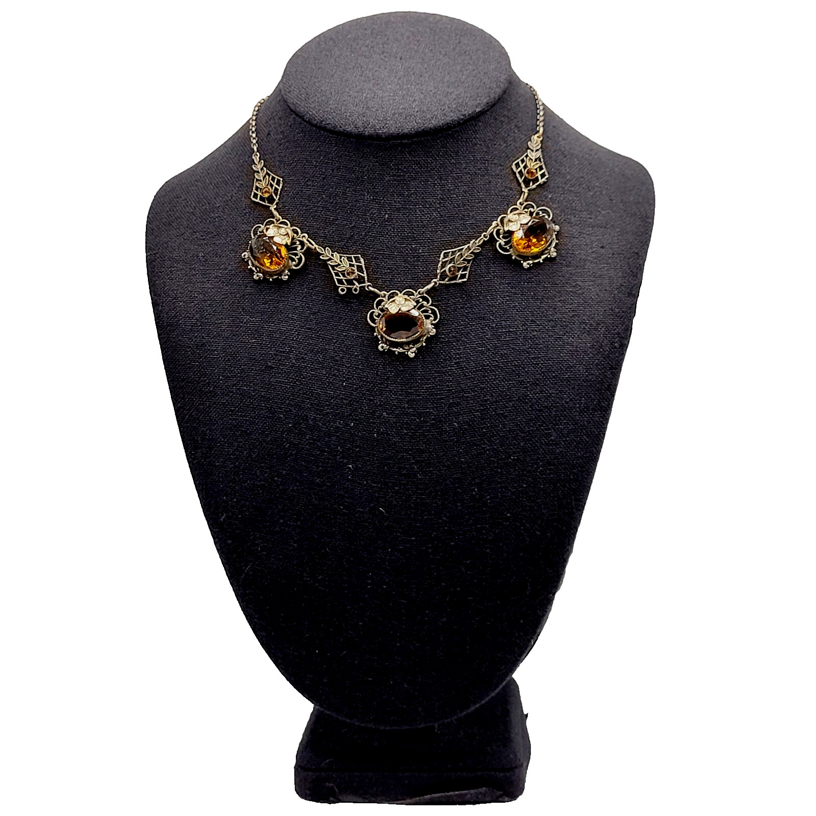 Czech Glass Art Nouveau Deco Flower Motif Brass Festoon Bib Amber Citrine 15 In