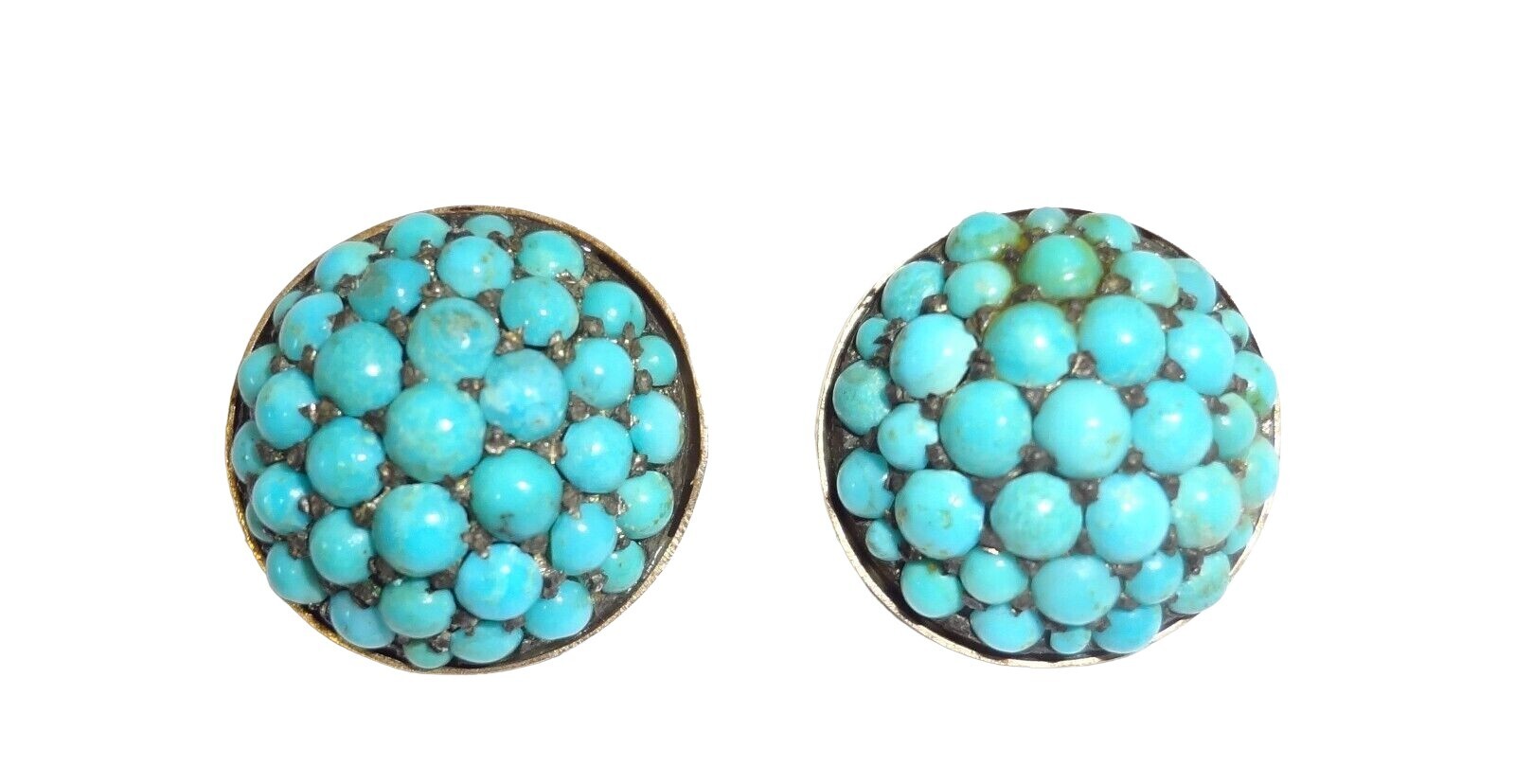 Antique 14K Gold Persian Turquoise Cluster Round Clip Earrings 18.2 Grams!