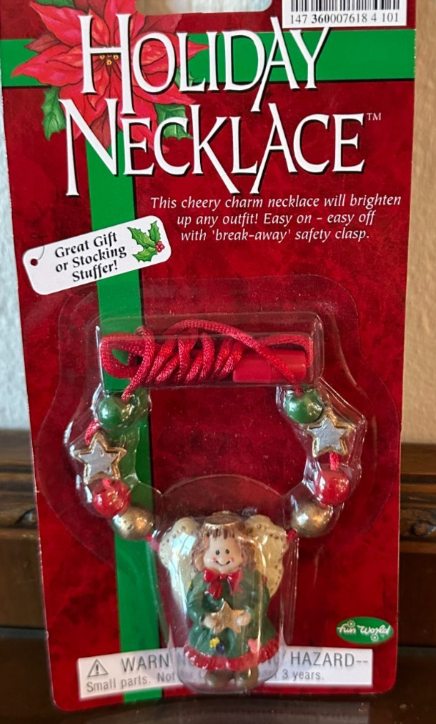 Vintage 90s Fun World Wood Look Santa Moon Necklace Christmas Holiday