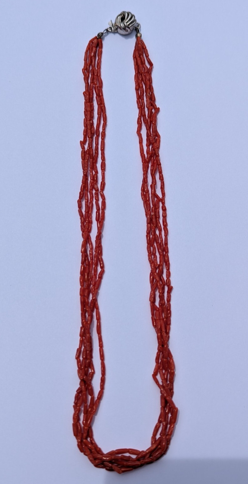 Coral Necklace 5 Strand Vintage Undyed Natural Red Coral Small Tube Beads 16.2gm