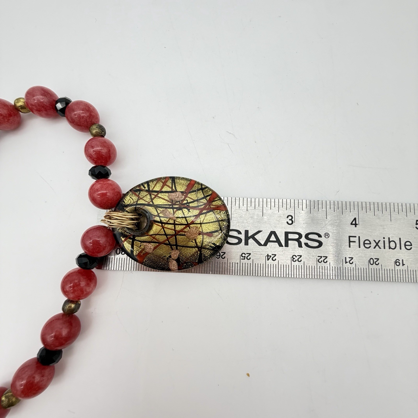 Vintage Artisan Rhodocrosite Pink Gemstone Necklace Murano Pendant Estate