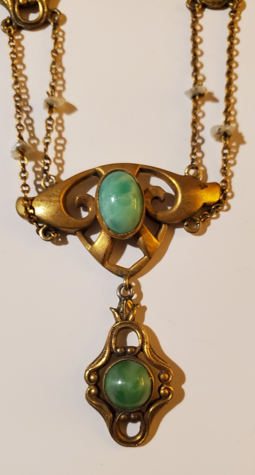 Antique Art Nouveau Krementz Festoon Necklace Seed Pearls Green Cabochons