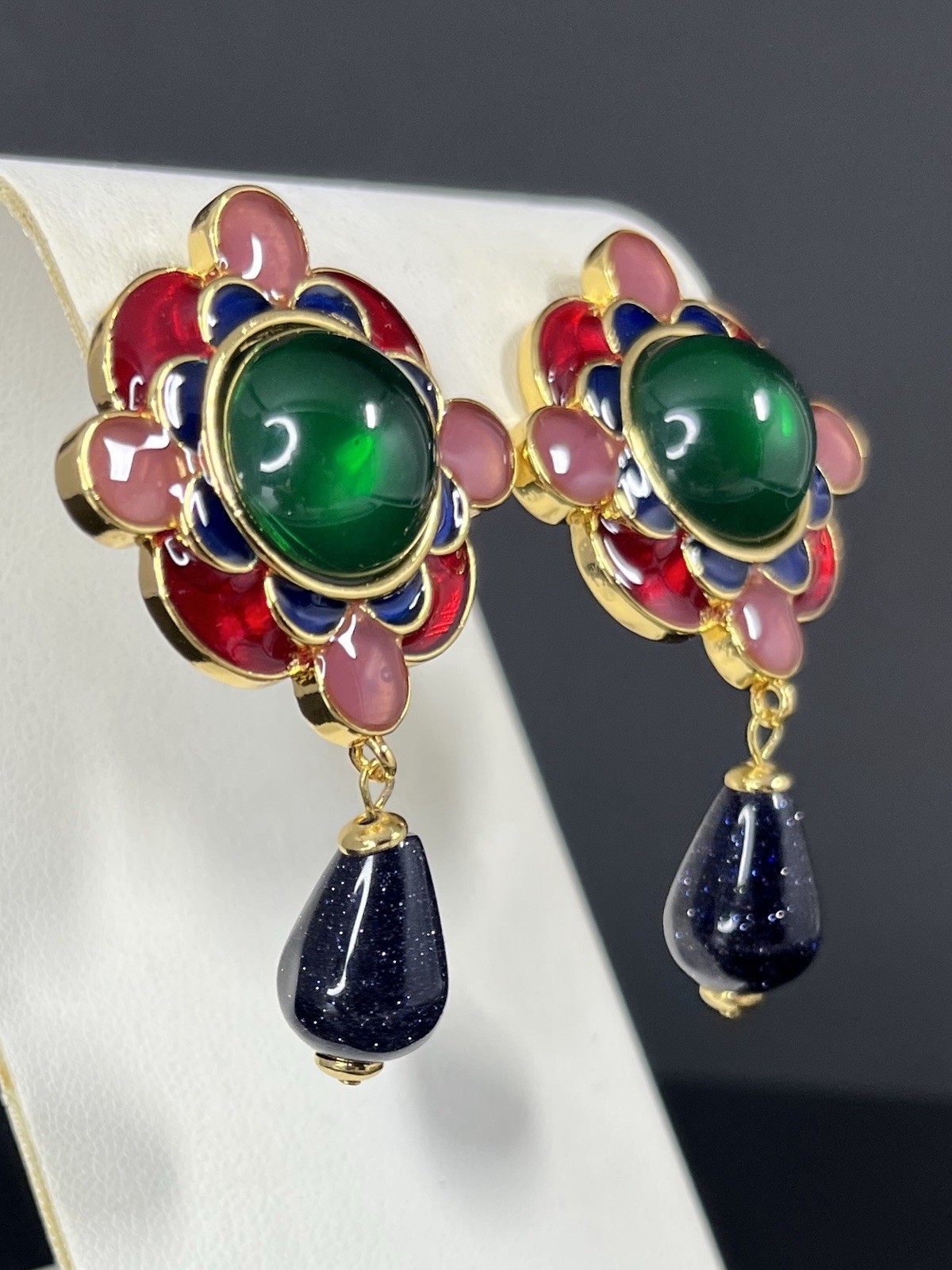 Gripoix Style Flower Earrings Enamel Glass Green Pink Gold Tone Cabochon Pierced