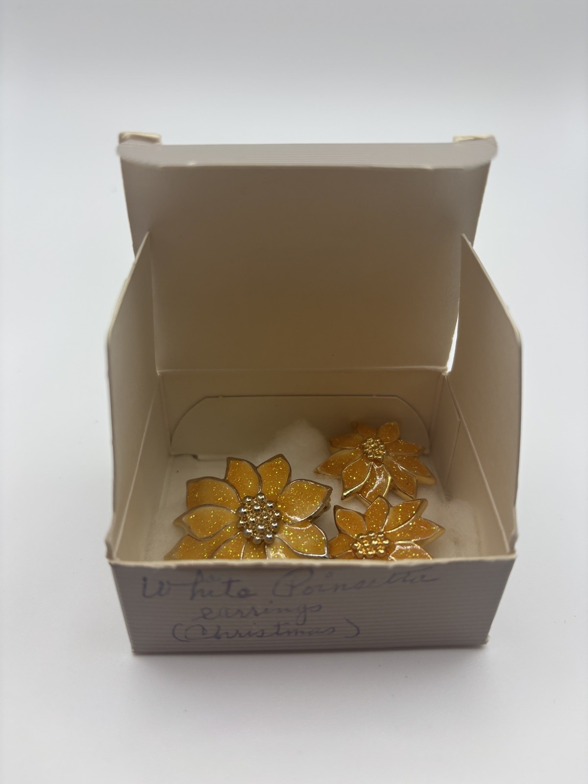 Vintage Gold Yellow Enamel Glitter finish Poinsettia Flower Clip Earrings+pin