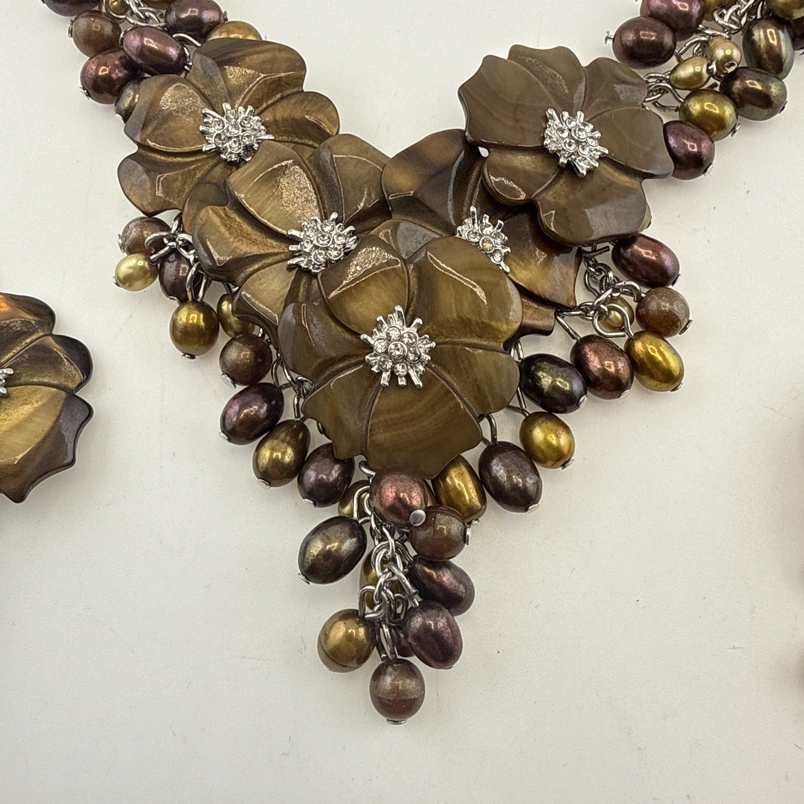 Tigers Eye Pearl Necklace Earrings Set Floral Waterfall Cluster Silver Tone QVC