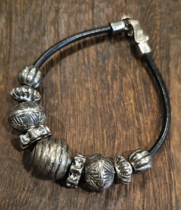 Vintage Silver Tone Beaded Black Leather Cord Bracelet, Magnetic Closure