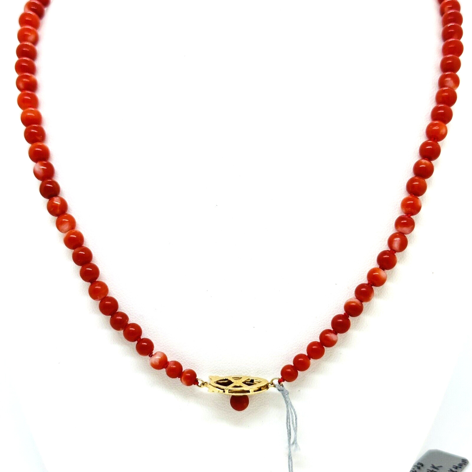 Natural Red Coral 9 mm x 4 mm Strand 18k Yellow Gold Necklace 17.5″
