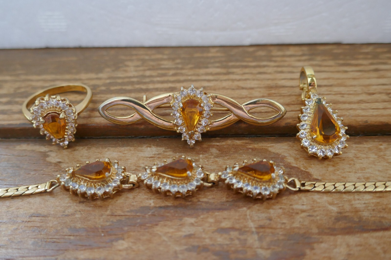 VTG Lot GP Set Citrine & Clear CZ Bracelet Pendant Necklace Enhancer Brooch Ring
