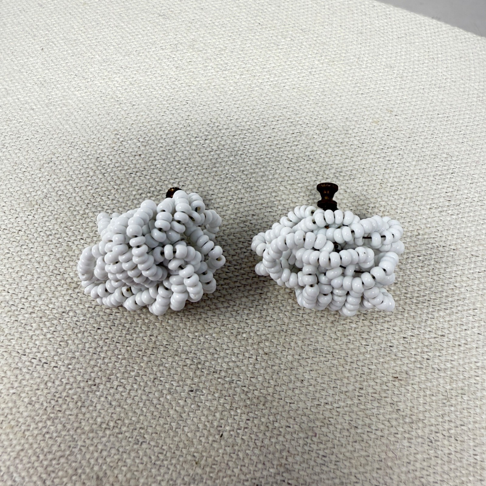 White Seed Bead Knot Earrings Vintage Screw Back Classic Retro