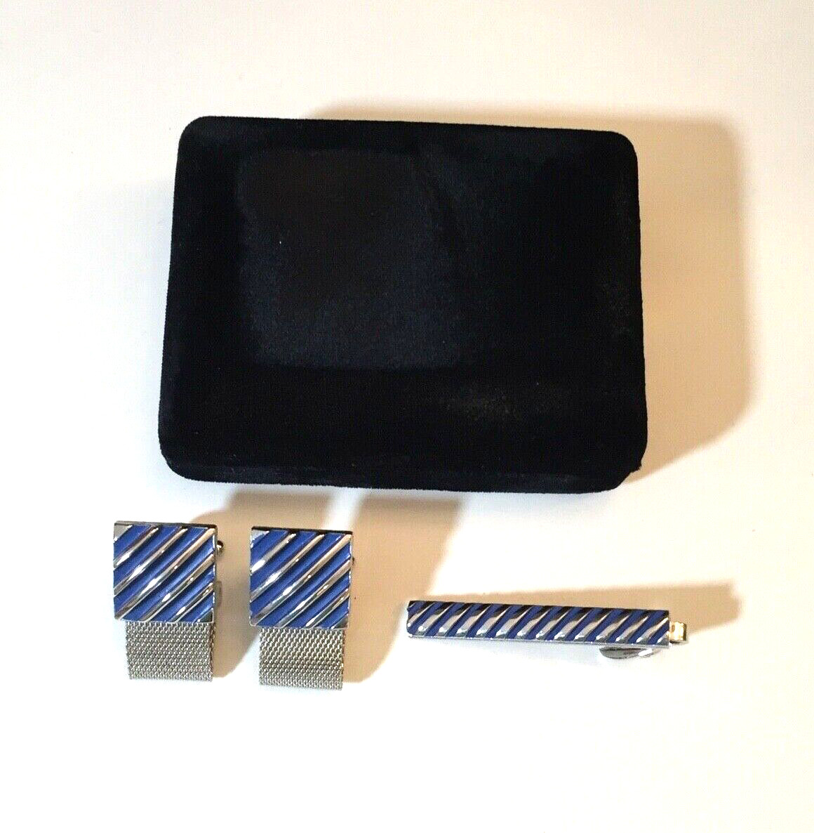 MCM Dante Cuff Links & Tie Clip Set Mesh Wrap Blue Enamel Stripe Wedding Formal